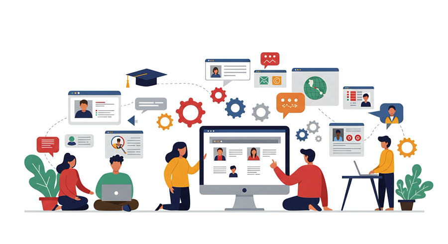 A team collaborating around an online learning platform — instructors and learners with course content, profiles and progress on screen.
